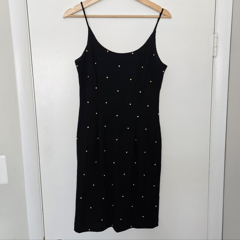 Vintage 100% Wool Black Gold Studded Dress Neiman Marcus